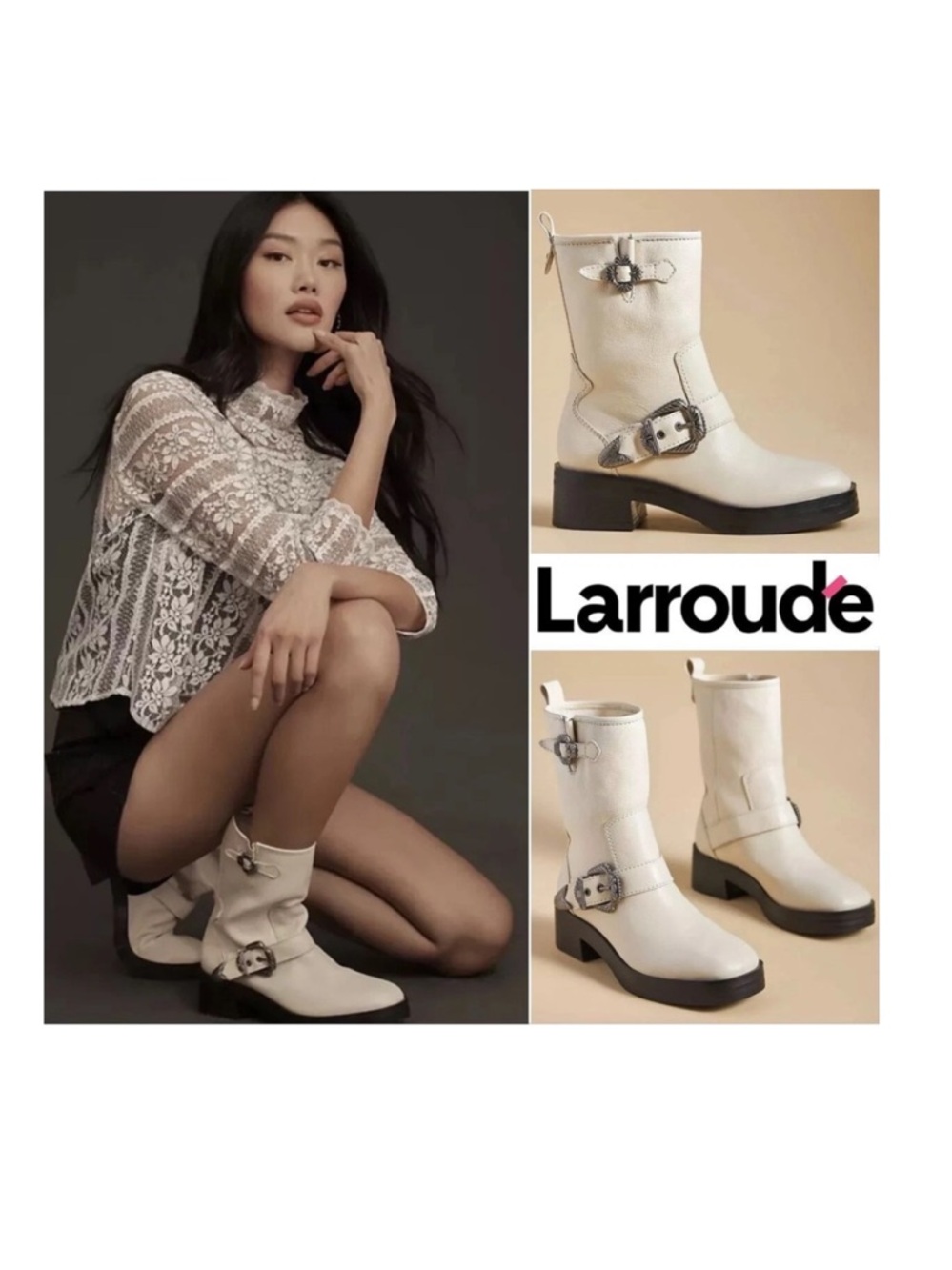 Larroude  Hardy Boot In Ivory Leather - Boots Moto Boots with Buckle Detail Sz 7